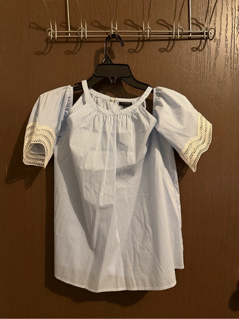 Ann Taylor Light Blue & White Striped Cold-Shoulder Blouse with Lace Sleeves S